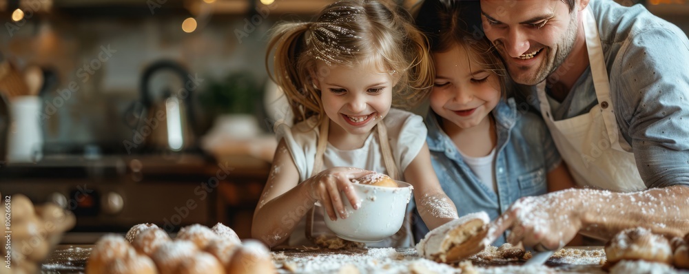 Young caucasian family being messy and having fun baking together in the kitchen Young caucasian family being messy and having fun baking together in the kitchen