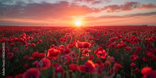 Breathtaking landscape of a poppy field at sunset with the sun dipping low on the horizon, casting a warm glow over the vibrant red flowers