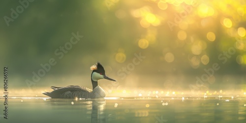 A solitary great crested grebe floats on a lake surrounded by foliage in the soft morning light against green background photo