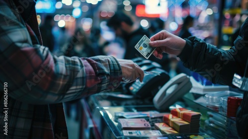 Images of consumer culture: individuals swiping cards, exchanging cash, the pulse of economic activity palpable in every transaction. Commerce in motion. photo