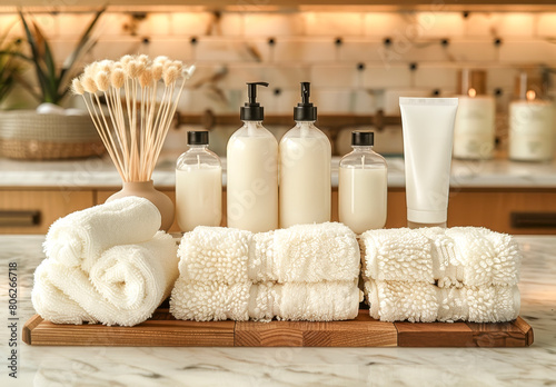 Spa Essentials Display with Bottles and White Towels.