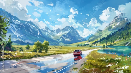 In summer, there are mountains, green plants, lakes, cars driving on the road, going out to travel, bright colors, sunny, vibrant, illustration