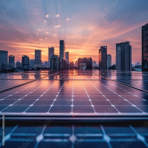 Mesmerizing stock photo of solar cell system installation on a building roof, with stunning morning light and bokeh,