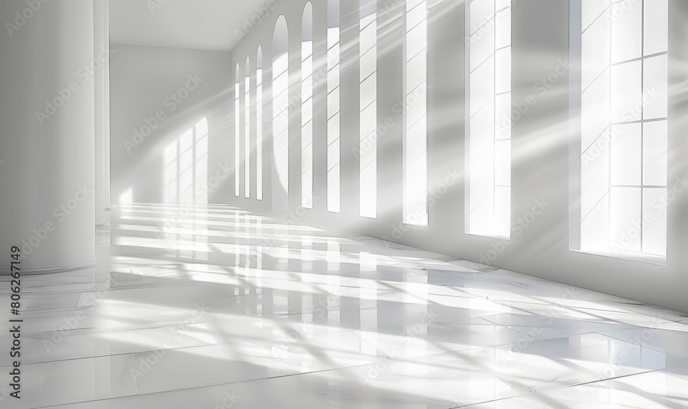White room with diagonal white rays of sun, reflections and refractions, neutral white background White room with diagonal white rays of sun, reflections and refractions, neutral white background