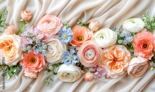 Luxurious Floral Arrangement on Elegant Satin Fabric.