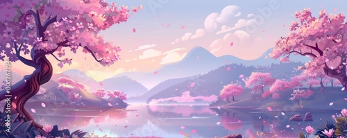 spring background in cartoon style. Pink and purple sakura, cherry, magnolia in bloom. Asian horizontal landscape with lake, hills, trees and flowers. Banner with copy space.