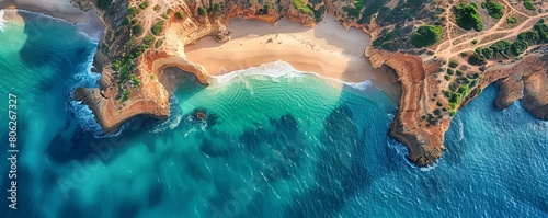 Aerial view of Praia do Vale Espinhaco beach with stunning blue ocean and greenery, Algarve, Portugal.