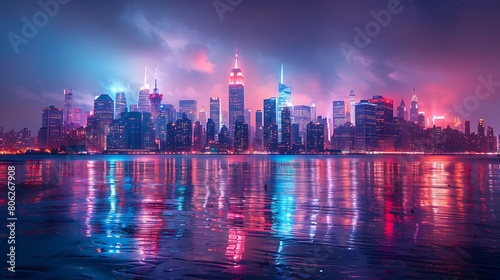A futuristic cityscape with holographic advertisements lighting up the skyline.