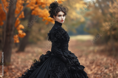 Model wears a black dress from the Victorian era for a portrait shoot in the park.