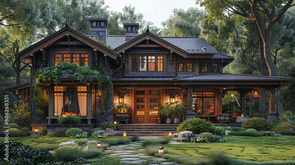 A majestic craftsman-style bungalow with a welcoming front porch and intricate woodwork details.