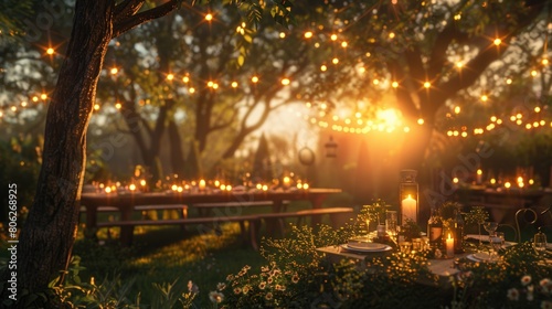 Enchanting Outdoor Evening Picnic with Fairy Lights and Candles © Anastasiia