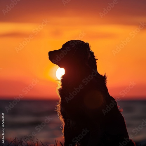 A dog silhouetted in the sunset