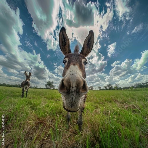 Funny donkey photographed in wide angle
