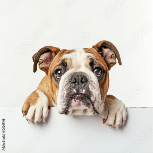 Bulldog look into the camera over a white banner,