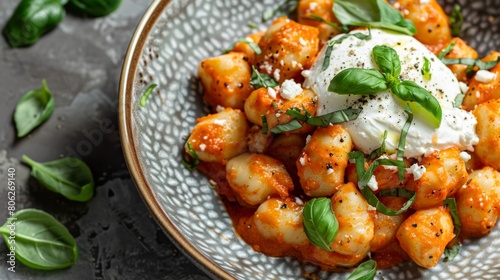 Creamy tomato gnocchi with burrata, basil and garlic