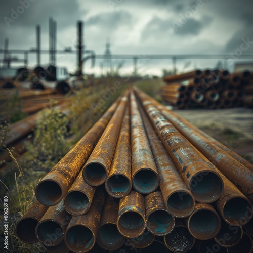 Metal pipes piled up on an industrial site