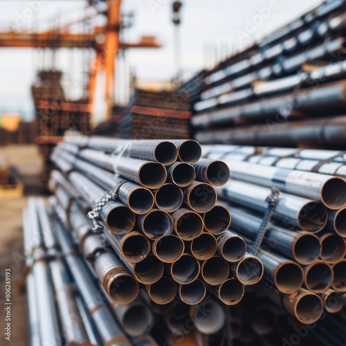 Metal pipes piled up on an industrial site