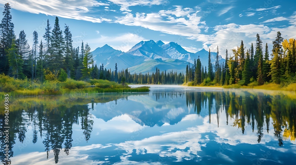 A peaceful lake reflecting the surrounding trees and mountains, a stunning nature scene for wallpaper.