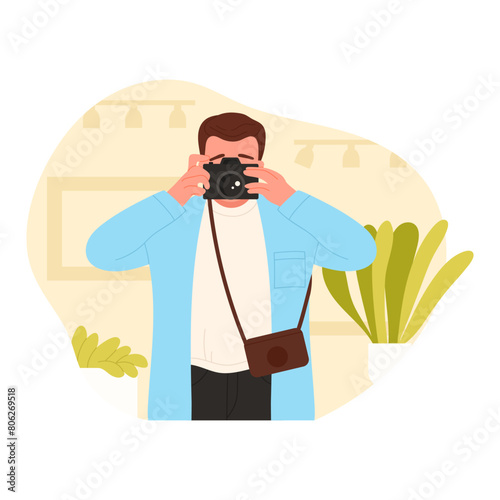 Tourist with digital camera taking pictures, man standing and photographing vector illustration photo