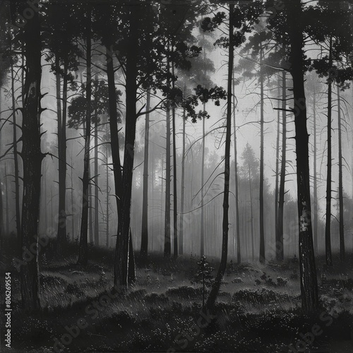 foggy forest in black and withe