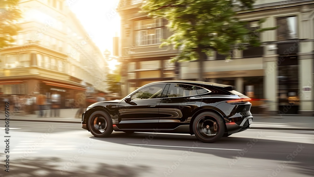 Luxury black electric SUV drives through sunny city street on a road. Concept Luxury Cars, Electric Vehicles, Modern Transportation, Urban Lifestyle, Cityscape Views