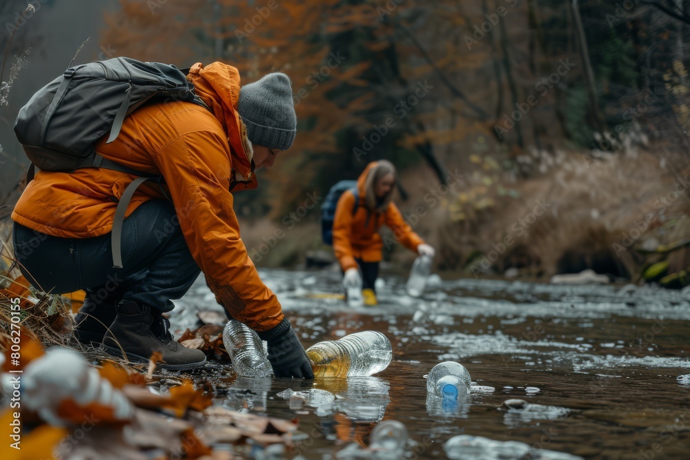 Spilled garbage. Volunteers cleaning the river bank. Ecological problem. Volunteers cleaning up trash. Empty PET bottles. Ocean plastic trash. Volunteers collecting plastic. Photo AI Generated Spilled garbage. Volunteers cleaning the river bank. Ecological problem. Volunteers cleaning up trash. Empty PET bottles. Ocean plastic trash. Volunteers collecting plastic. Photo AI Generated