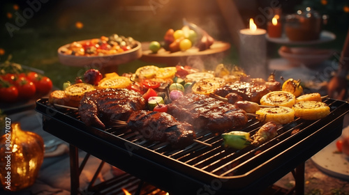 Sizzling BBQ grill laden with mouthwatering meats and colorful vegetables  creating an irresistible aroma that promises a delightful outdoor party  captured in vivid HD realism
