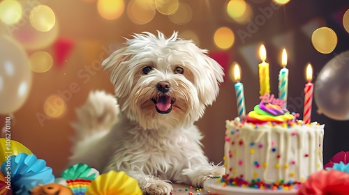 A white dog sitting in front of a cake with candles.