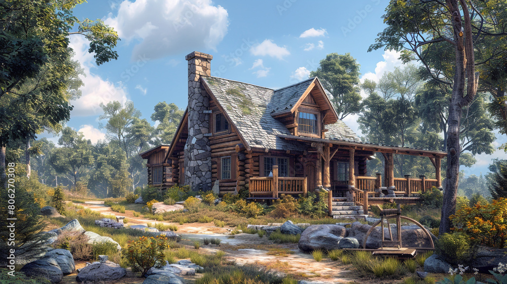 A rustic craftsman cabin with log siding, a stone chimney, and a welcoming front porch overlooking a scenic landscape. A rustic craftsman cabin with log siding, a stone chimney, and a welcoming front porch overlooking a scenic landscape.