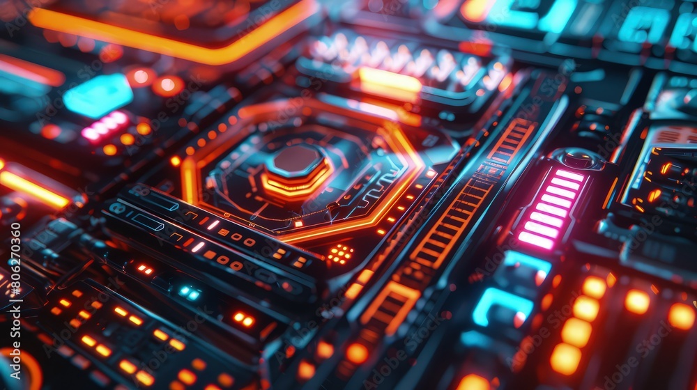 A digital illustration of a futuristic interface, with holographic elements and neon accents, for sci-fi or tech-related designs. 8k A digital illustration of a futuristic interface, with holographic elements and neon accents, for sci-fi or tech-related designs. 8k
