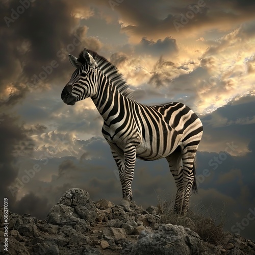 A zebra standing on a rock in the middle of a storm.