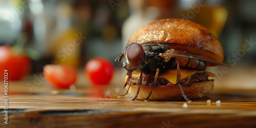 A banner of a fly sitting in a burger enjoying a meal in micro close up photo with a blurred background and copy space,