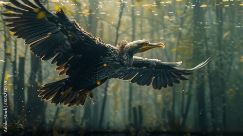 A bald eagle soars through the air, its wings outstretched and its feathers glistening in the sunlight photo