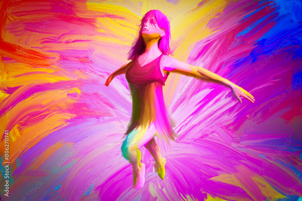 Beautiful Painting Of Woman Fly Like Bird. The Picture Show Free Woman Jumping. Digital painting. Beautiful Painting Of Woman Fly Like Bird. The Picture Show Free Woman Jumping. Digital painting.