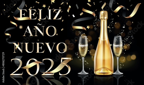 tarjeta o pancarta para desear un feliz año nuevo 2025 en oro con una botella y dos copas de champán sobre un fondo negro con círculos de efecto bokeh y serpentinas photo