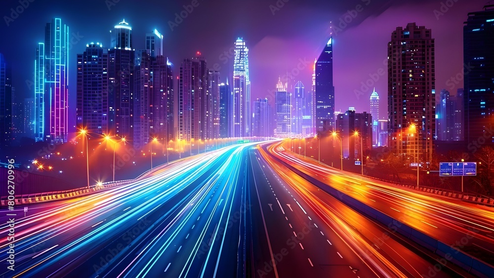 Capturing the Bustling Traffic and Skyscrapers of a Nighttime City Street with Long Exposure. Concept Nighttime Cityscape, Long Exposure, Urban Photography, City Lights, Vibrant Traffic