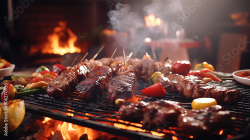 Vibrant BBQ grill party scene with smoke wafting from sizzling meats, setting the stage for an enjoyable culinary gathering, captured in vivid HD clarity photo