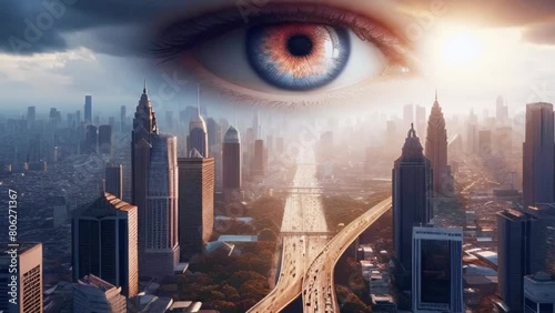 Masonic symbol, all-seeing eye above modern city with skyscrapers. World government, conspiracy concept, Generative AI photo