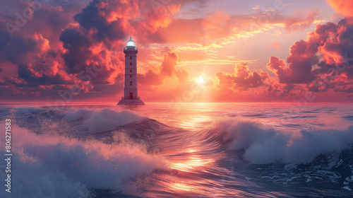 Lighthouse in the sunset sea