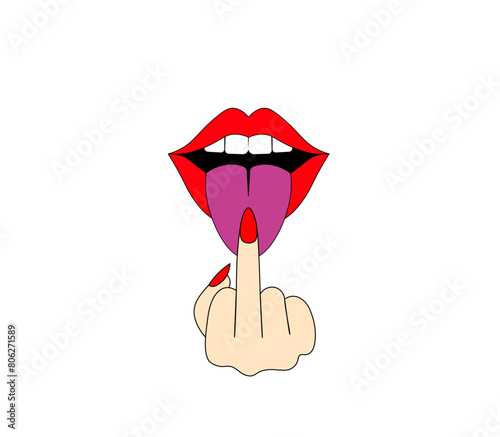 Vector illustration of a cartoon mouth with tongue hanging out and middle finger