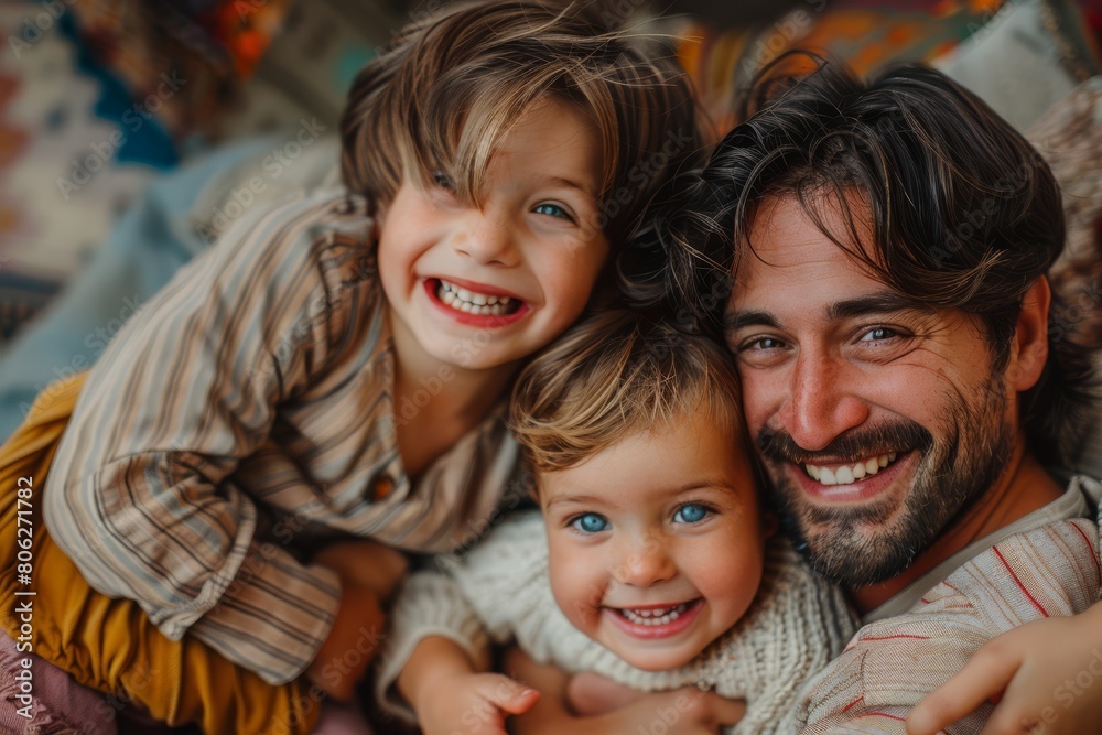 Happy father's day. Father and daughter portrait. Father with kids portrait. Two man and theirs children hugging. Father hugging his child. Photo AI Generated Happy father's day. Father and daughter portrait. Father with kids portrait. Two man and theirs children hugging. Father hugging his child. Photo AI Generated