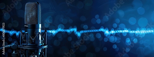 microphone with sound wave background, podcasting theme and audio recording.