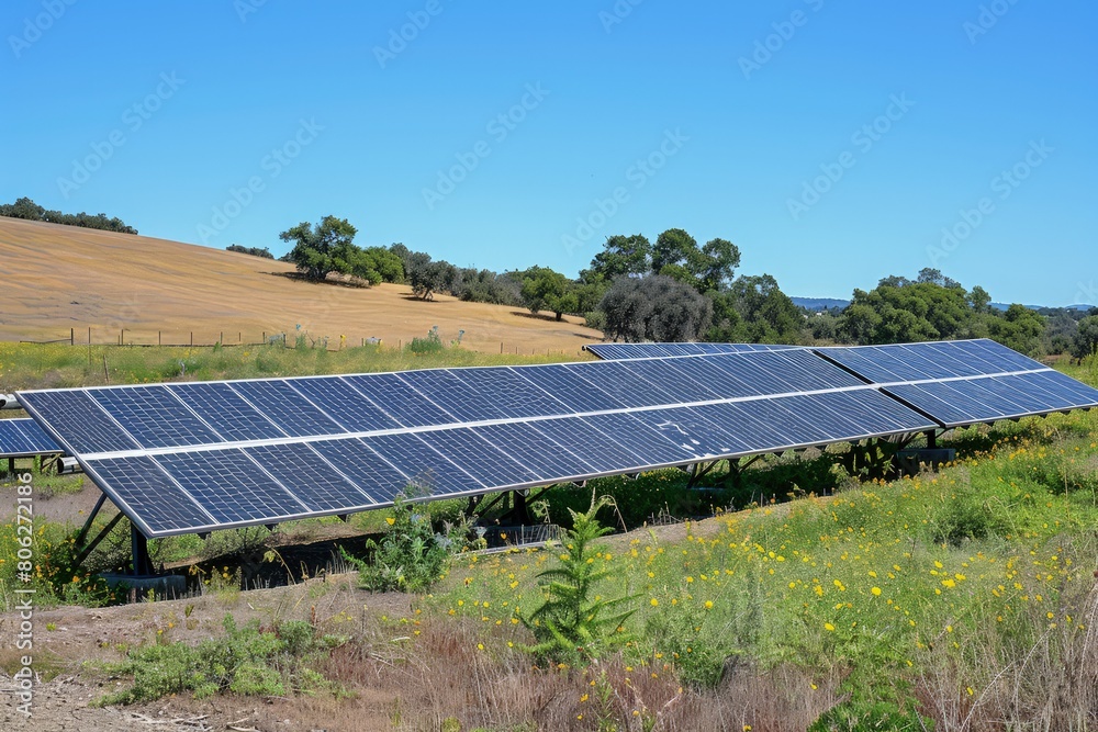 An expansive solar farm set in a diverse landscape, where rows of photovoltaic panels capture the sun's rays. An expansive solar farm set in a diverse landscape, where rows of photovoltaic panels capture the sun's rays.