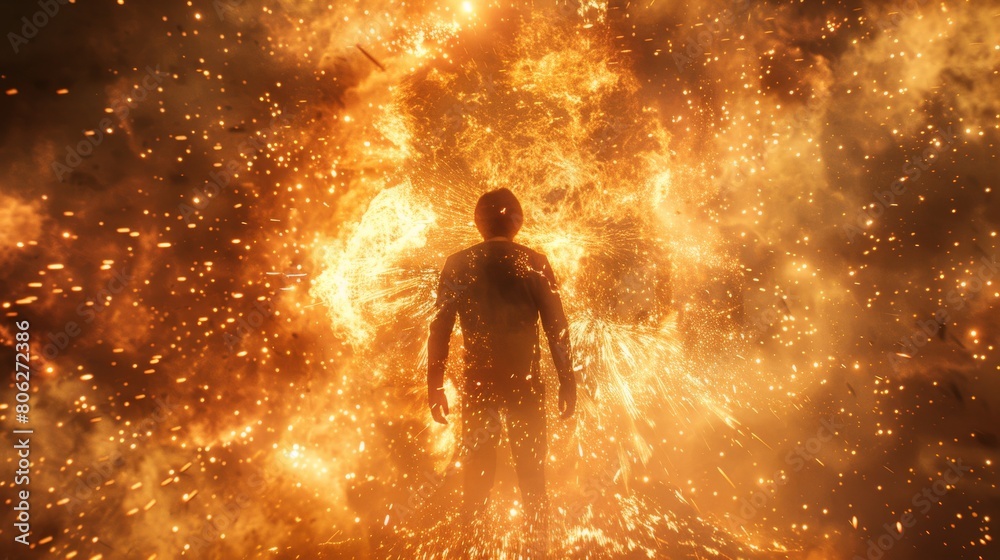 A man standing in the middle of a huge fire. The fire is all around him, but he is not burning. He is wearing a protective suit. A man standing in the middle of a huge fire. The fire is all around him, but he is not burning. He is wearing a protective suit.