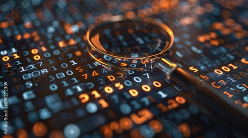 Digital magnifying glass scans code matrix for vulnerabilities. Cybersecurity expert