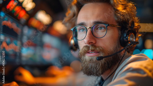 call center an office employee wearing headphones sells an online store product