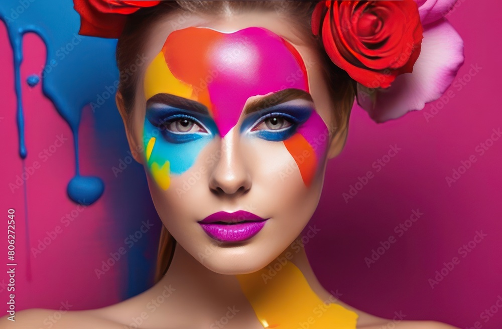 Beautiful young woman with multi-colored paints on her face. Woman with many flowers and bright color make-up.
