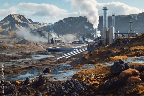 An image showcasing the technology behind geothermal energy extraction, with steam rising from the ground amidst a setting of advanced machinery and pipes