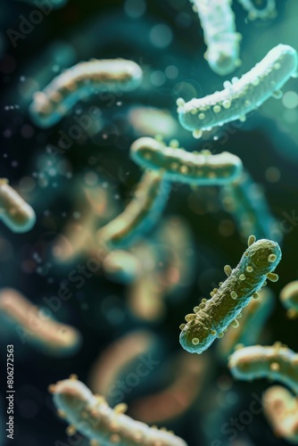 Digital artwork of glowing bacillus bacteria  floating with an abstract blue background. Illustrate close-up of bacillus bacteria with bioluminescent appearance. close up of 3d microscopic bacteria