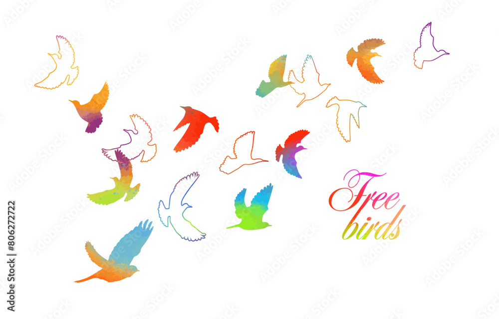 A flock of colored birds. hand drawing. Free birds. Not AI, Vector illustration A flock of colored birds. hand drawing. Free birds. Not AI, Vector illustration
